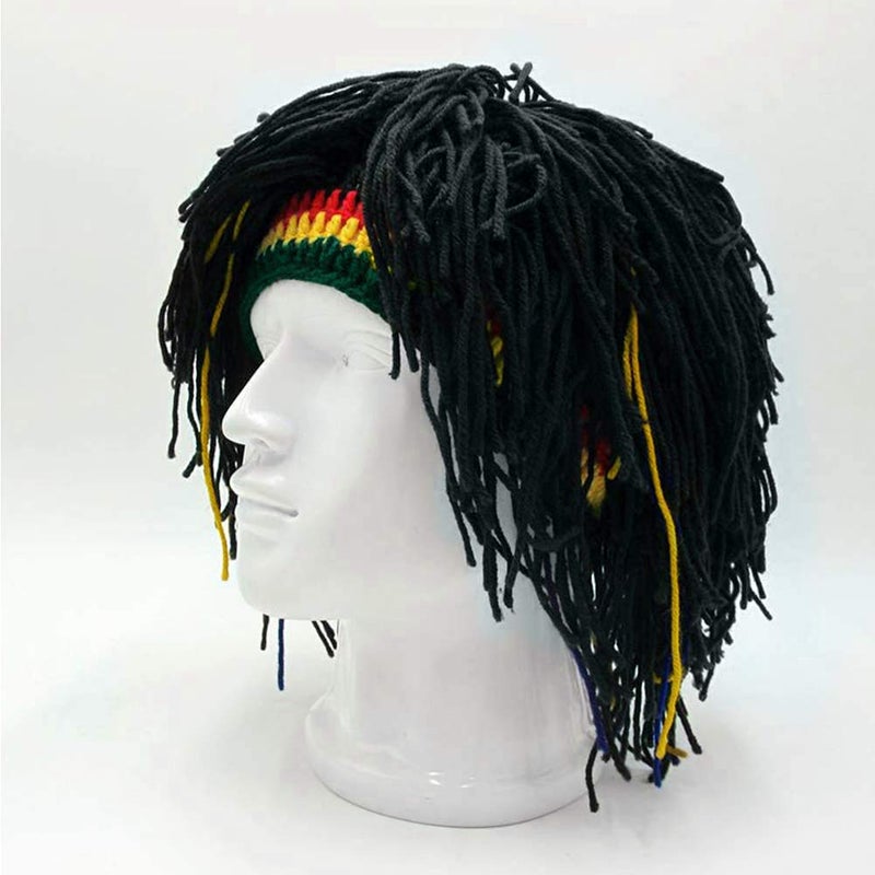 Kirmoo Novelty Handmade Knitted Jamaican Rasta Beanie with Dreadlocks Christmas Halloween Funny Hair Reggae Beanie Rasta Hat (Black Beanie) - Image 2